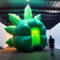 man standing in front of a giant inflatable apple. . photo