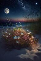 field of flowers sitting on top of a sandy beach. . photo