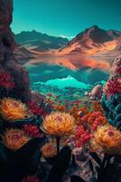 painting of flowers in front of a body of water. . photo