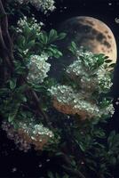 tree with white flowers and a full moon in the background. . photo