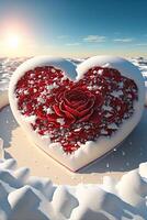 heart shaped cake sitting on top of snow covered ground. . photo