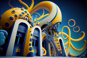 building with a giant octopus sculpture in front of it. . photo