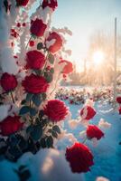 field of red roses covered in snow. . photo