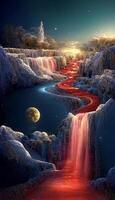 painting of a waterfall with a moon in the background. . photo