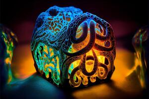 close up of a glowing object on a table. . photo