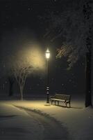 park bench sitting under a street light in the snow. . photo