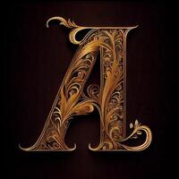 close up of a golden letter on a black background. . photo