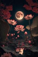 painting of flowers with a full moon in the background. . photo