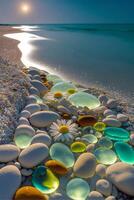 manojo de rocas sentado en parte superior de un playa siguiente a el océano. generativo ai. foto