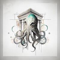 drawing of an octopus with a building in the background. generative ai. photo