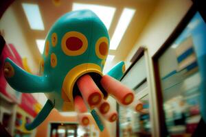 toy octopus hanging from a ceiling in a store. . photo