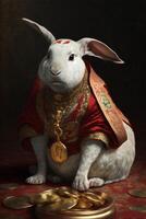 white rabbit wearing a red and gold outfit. . photo