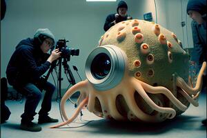 man taking a picture of an octopus sculpture. . photo