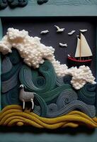 picture of a sheep and a boat in the ocean. . photo