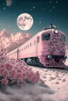 rosado tren de viaje abajo tren pistas debajo un lleno Luna. generativo ai. foto