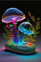 group of glowing mushrooms sitting on top of a rock. . photo