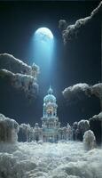 castle in the clouds with a full moon in the background. . photo