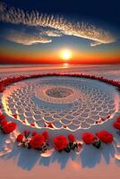 circulo de rojo rosas con un puesta de sol en el antecedentes. generativo ai. foto
