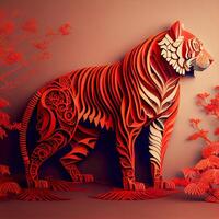 paper cut of a tiger standing next to a tree. . photo