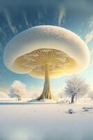large mushroom like structure in the middle of a snowy field. . photo