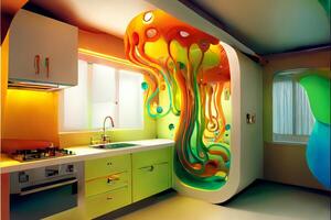 kitchen with a colorful mural on the wall. photo