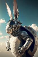 close up of a rabbit wearing a suit of armor. . photo