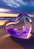 glass heart sitting on top of a sandy beach. . photo