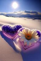 dos corazones en el nieve con un flor en el medio. generativo ai. foto