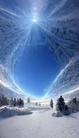 group of people riding skis down a snow covered slope. . photo