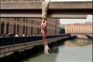 person hanging upside down from a bridge. . photo