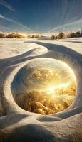 the sun shines through a hole in the snow. . photo