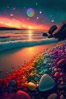 playa lleno con un montón de diferente de colores rocas generativo ai. foto
