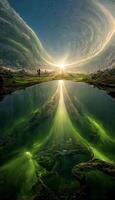 man standing on top of a lush green field next to a lake. . photo