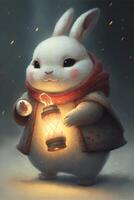 white rabbit with a lantern in its hand. . photo