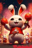 cartoon rabbit standing in front of fireworks. . photo