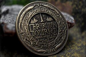 close up of a coin on a table. . photo