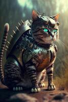 close up of a cat wearing a suit of armor. . photo