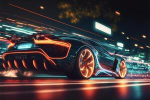 Deportes coche conducción en un ciudad calle a noche. generativo ai. foto