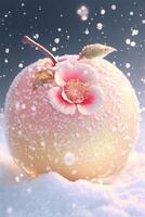 an apple covered in snow with a flower on top. . photo