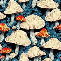 group of mushrooms sitting on top of a lush green forest. . photo