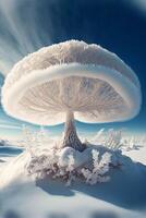 large mushroom shaped tree sitting on top of a snow covered hill. . photo