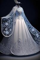 white and blue wedding dress on a mannequin. . photo