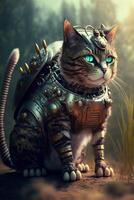 close up of a cat wearing a suit of armor. . photo