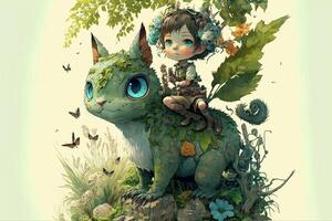 little girl sitting on top of a green dragon. . photo