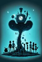 group of people standing around a tree with a clock on it. . photo