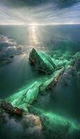 group of rocks sitting on top of a body of water. . photo