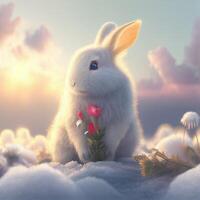 white rabbit holding a sign in a field of flowers. . photo