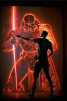 man standing in front of a star wars poster. . photo