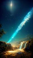 view of a waterfall at night with a bright beam of light in the sky. . photo