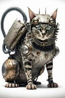 close up of a cat with a machine on its back. . photo